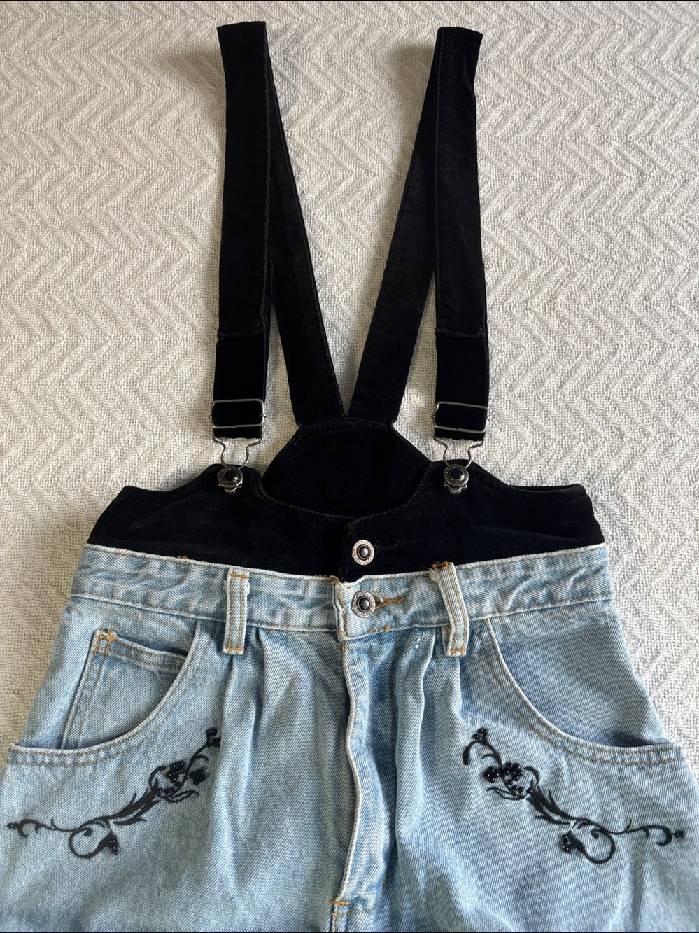 Vtg Jordache Rare Beaded Floral Jeans Velvet Suspenders 90s Youth 14 Womens 26